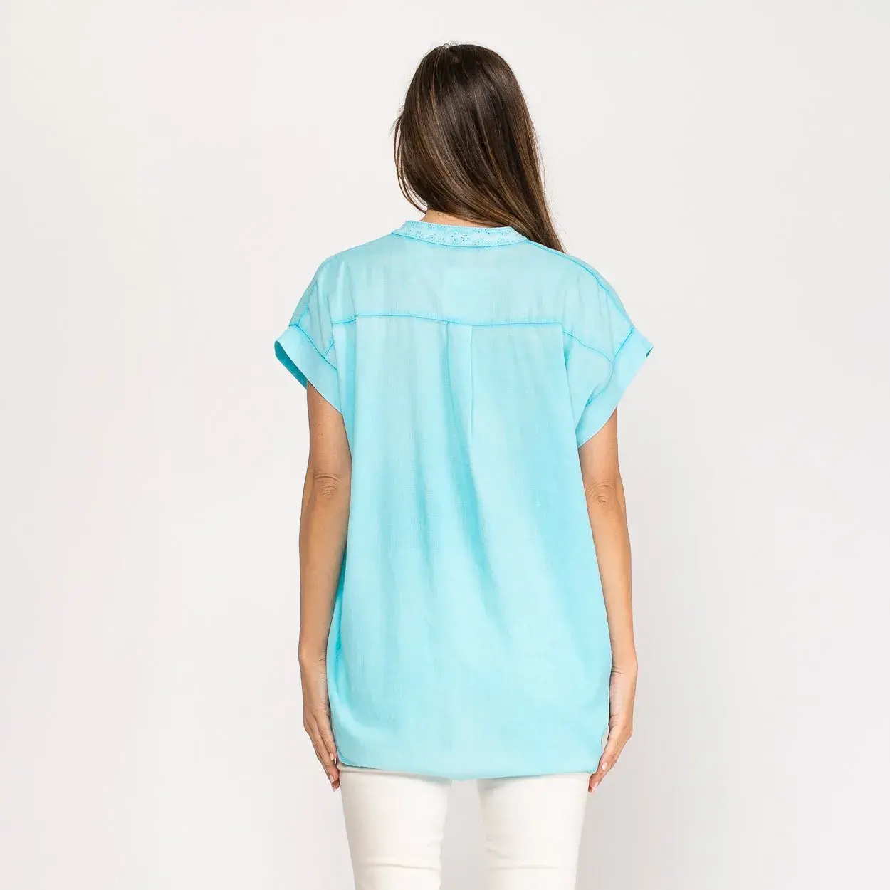 Blusa corta de lino turquesa - Imagen 2
