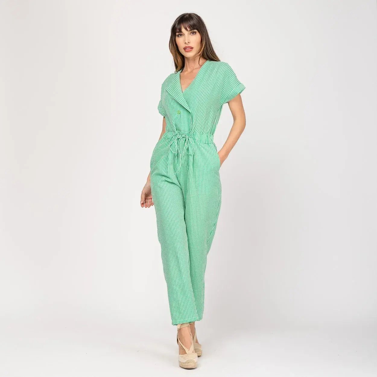 Mono con cintura fruncida Vichy