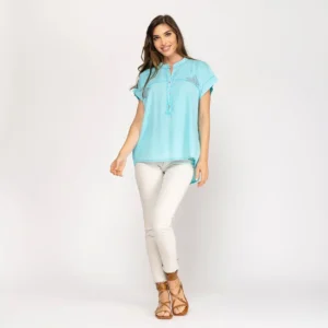 Blusa corta de lino turquesa