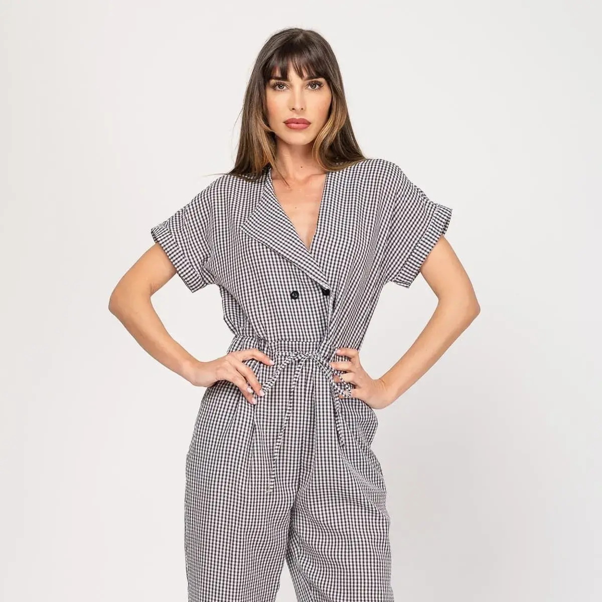 Mono con cintura fruncida Vichy - Imagen 5