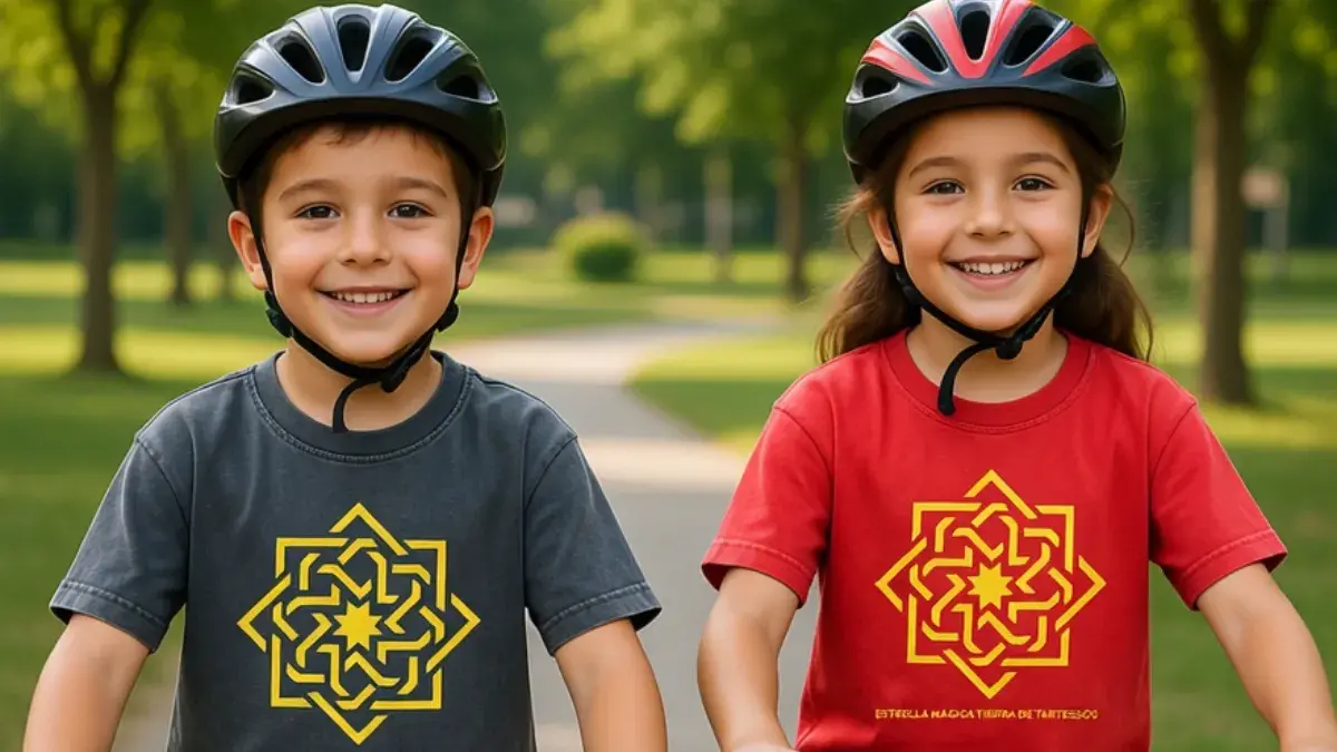 Dos niños montando en bicicleta usando camisetas de ropa infantil unisex de Tierradetartessos. El niño lleva una camiseta gris envejecido y la niña una roja, ambas con la estrella tartésica en el pecho y el nombre de la marca.